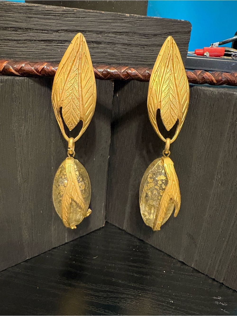 Italian clip on earrings vintage 80’s huge 4” gold tone glass bulbs made Italy